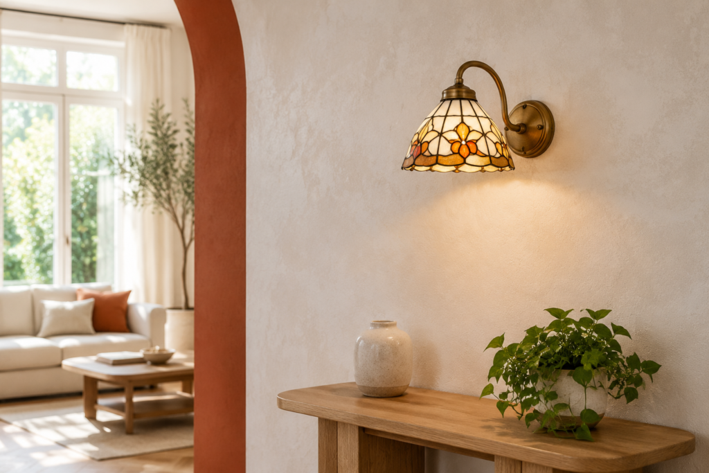 Applique vitrail éclairant un mur crème avec console en bois, vase et plante verte.