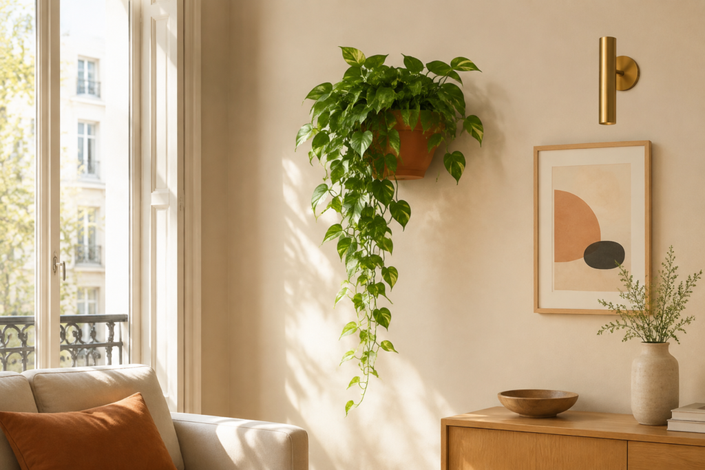 Plante retombante suspendue près d’une applique et d’une affiche sur un mur lumineux.